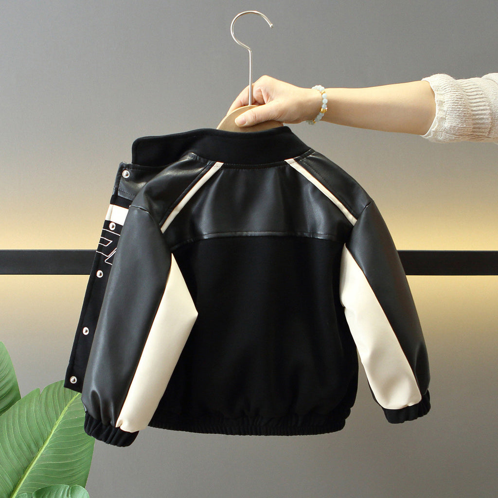 Style PU Leather Zipper Stand Collar Slim Fit Jacket for Boys