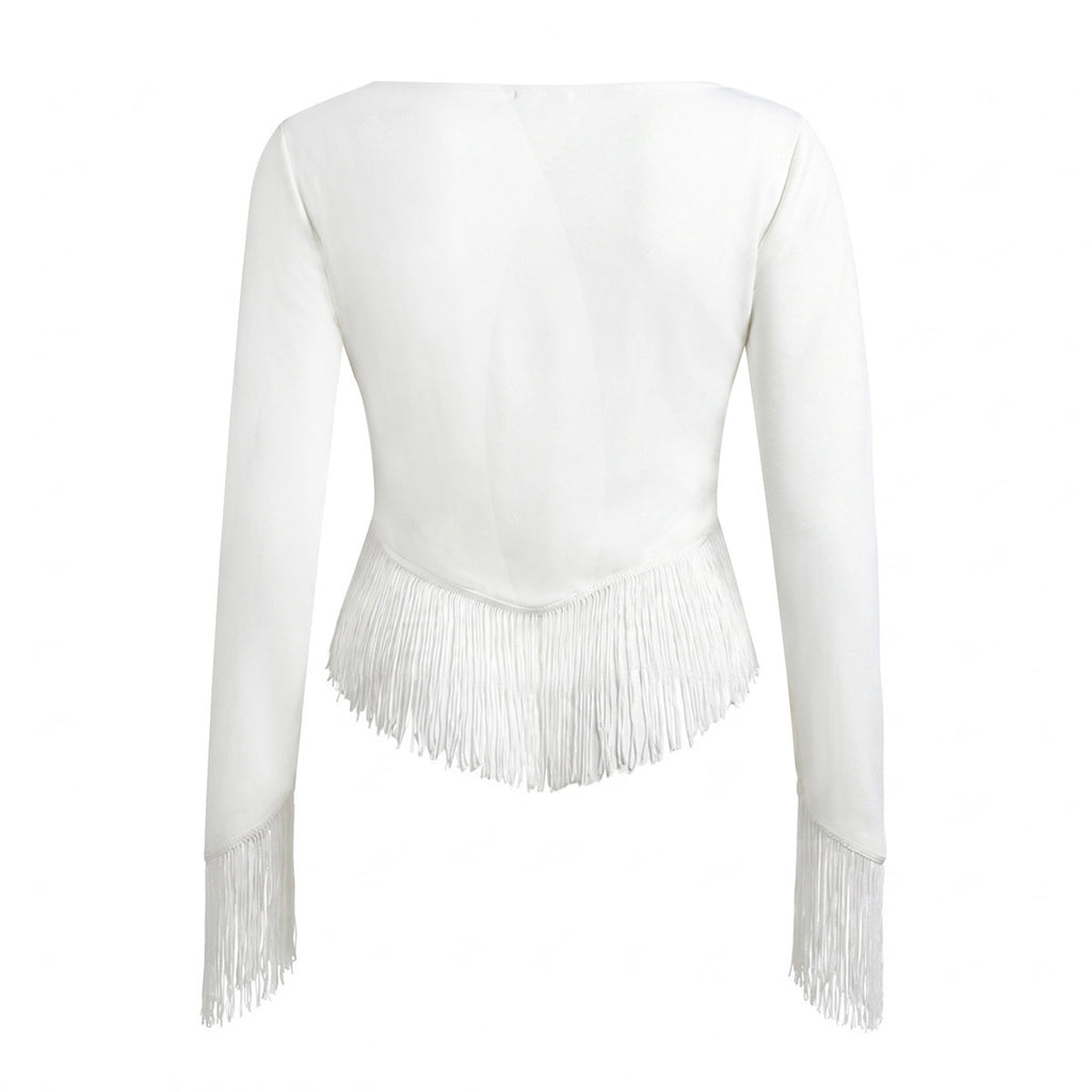 Deep V-neck elastic tassel T-shirt top for women's wear