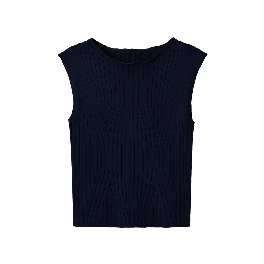 Slim fit sleeveless single neck threaded knitted sweater for women