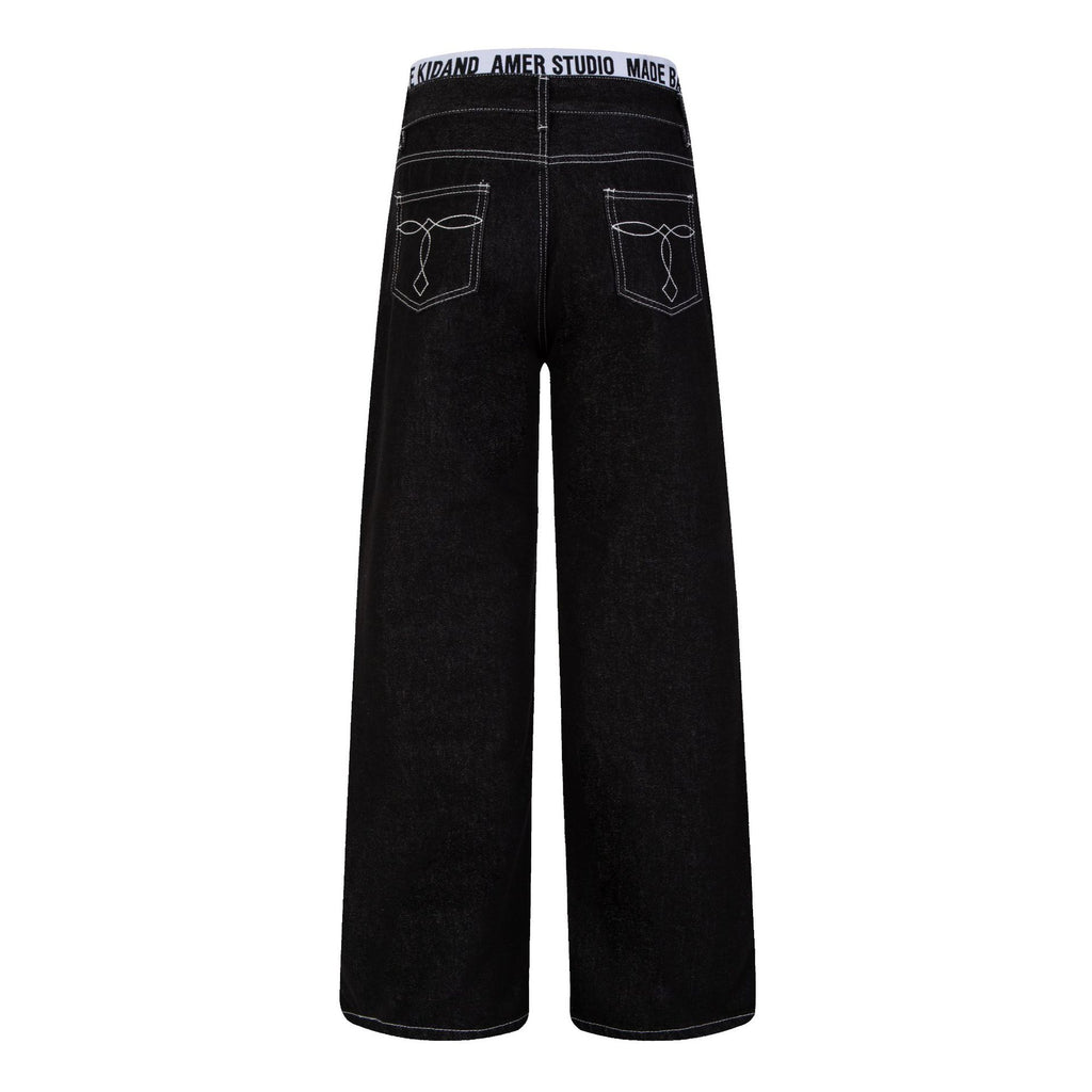 Contrast Stitching Wide Leg Jeans with Embroidered Letter Waistband and Pockets