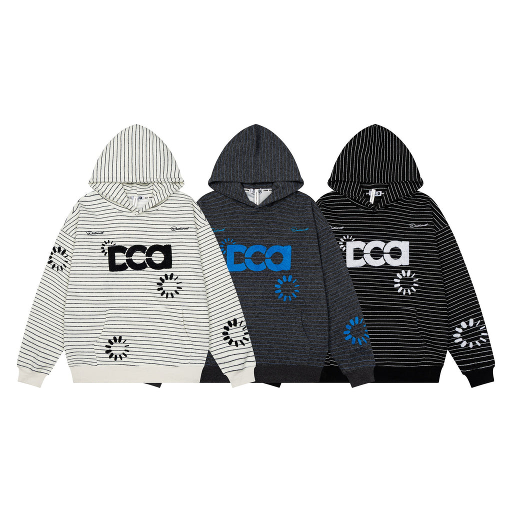 Striped Letter Flocked Color Block Loose Drop Shoulder Hooded Unisex Pullover Sweatshirt Top