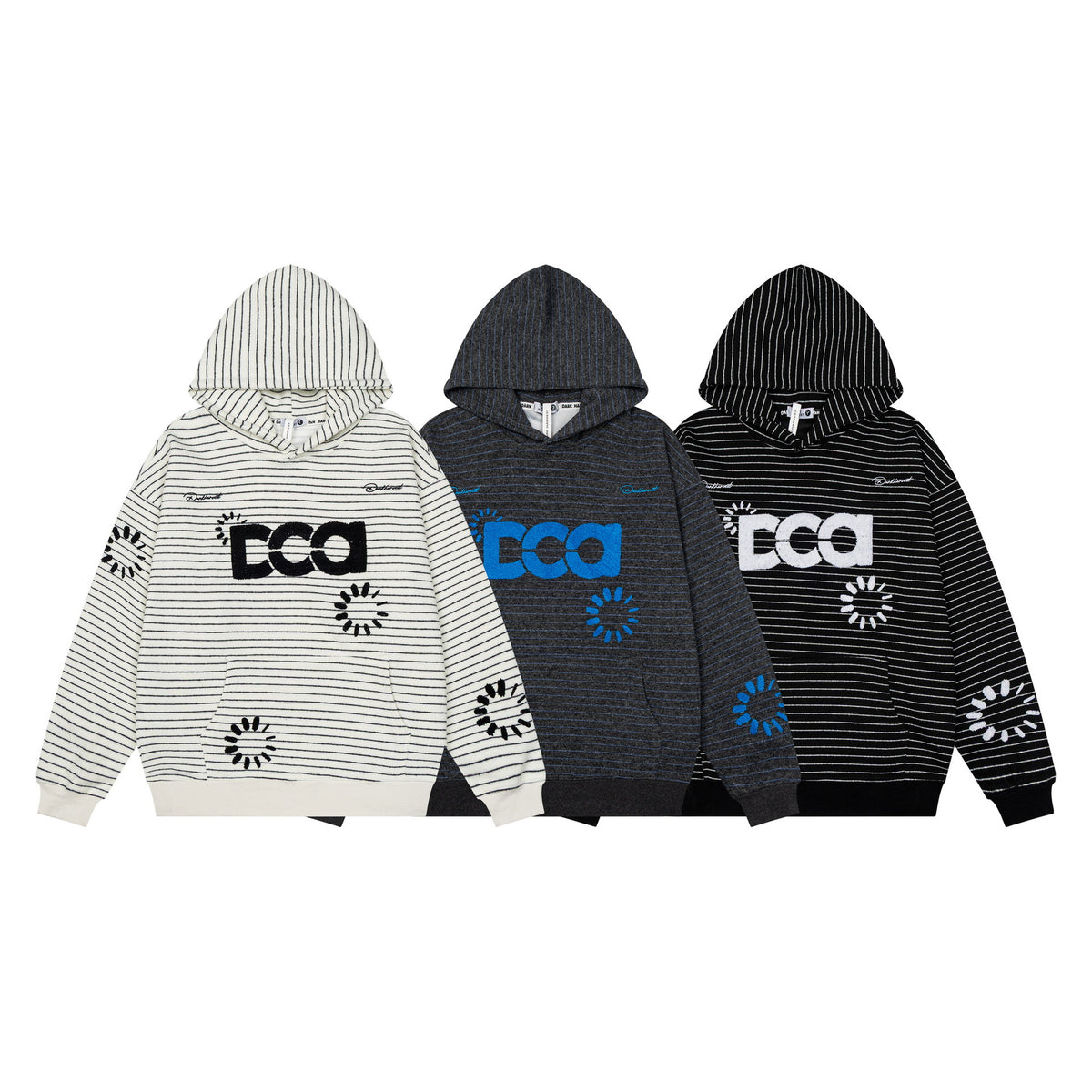 Striped Letter Flocked Color Block Loose Drop Shoulder Hooded Unisex Pullover Sweatshirt Top