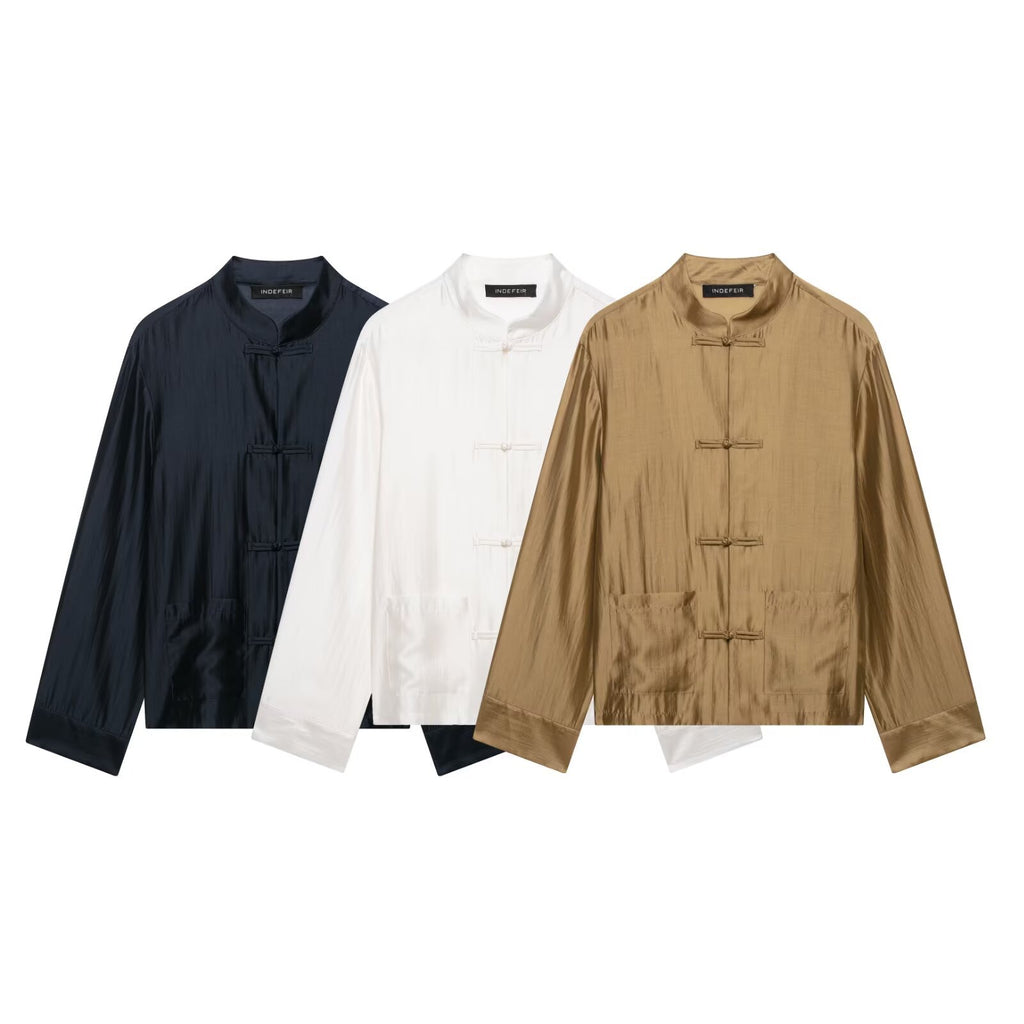 Casual and minimalist knot buckle stand up collar long sleeved shirt for women