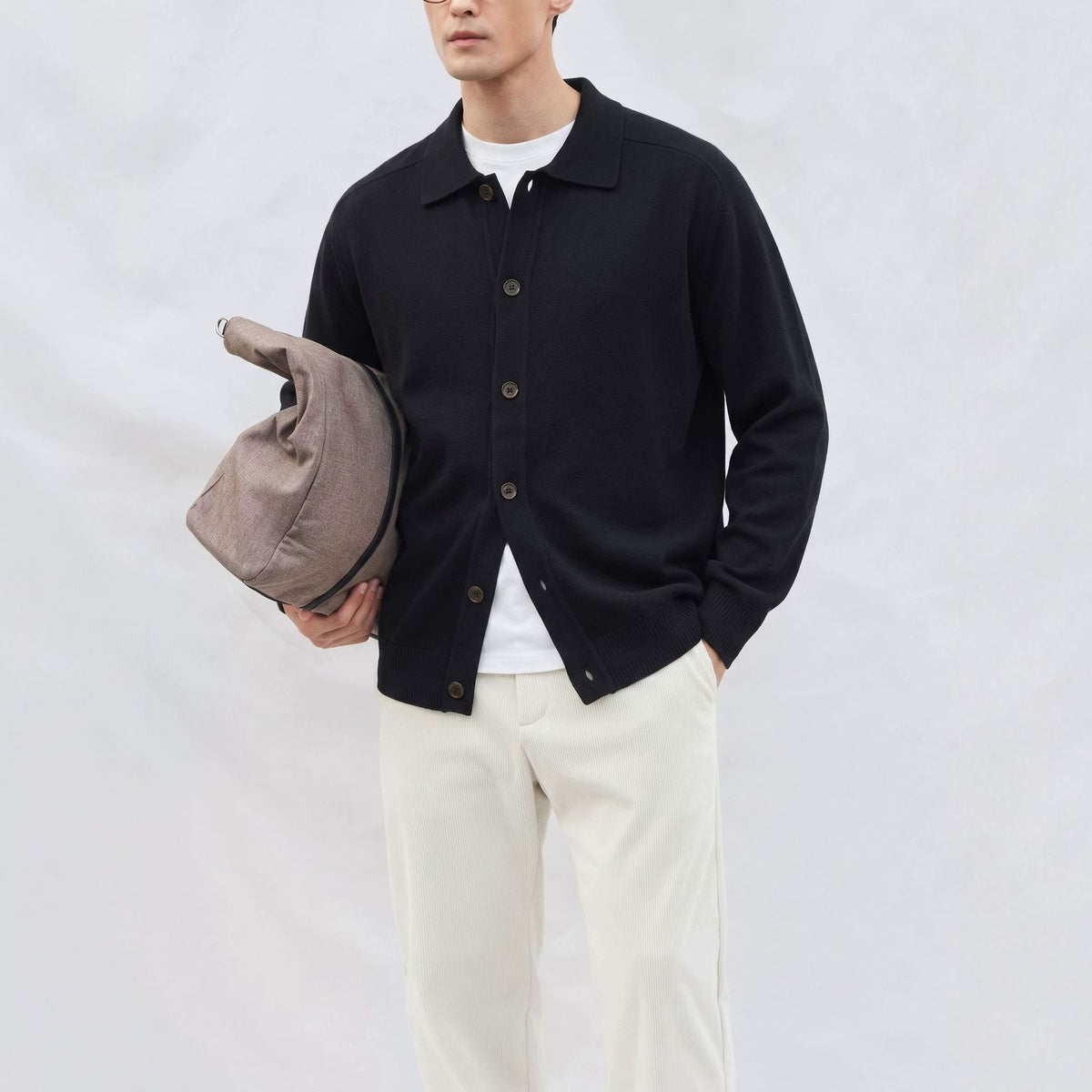 Collar cardigan solid color long sleeved sweater