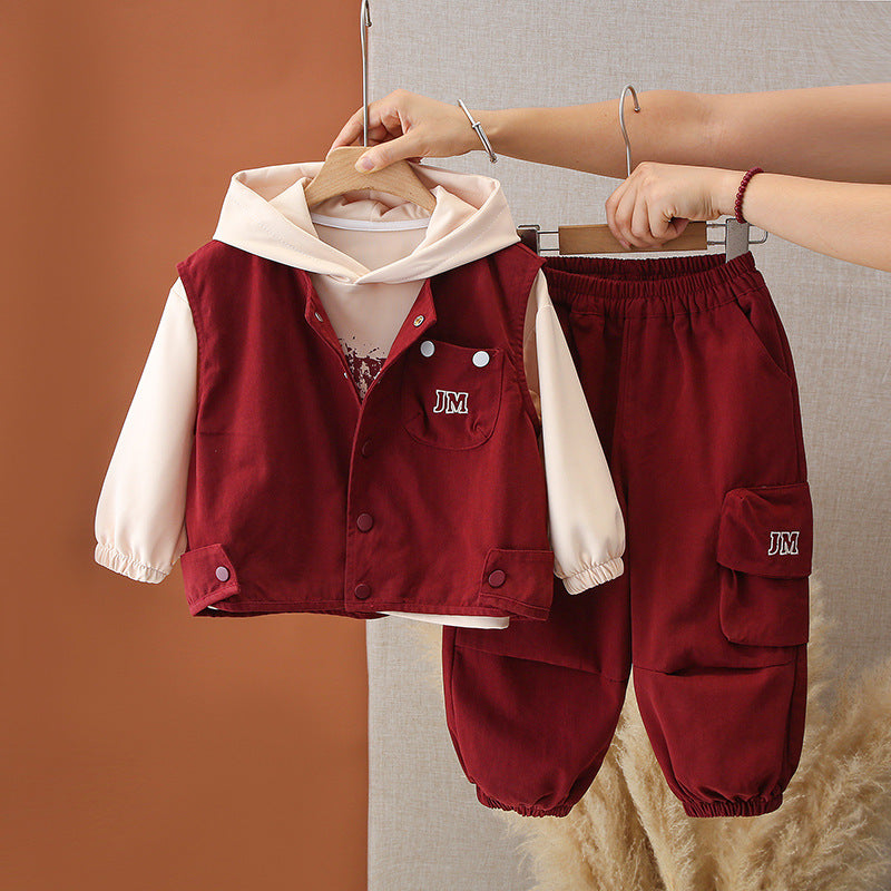 Boys Autumn Casual Vest Three-Piece Set, Trendy Street Style Cargo Workwear Outfit