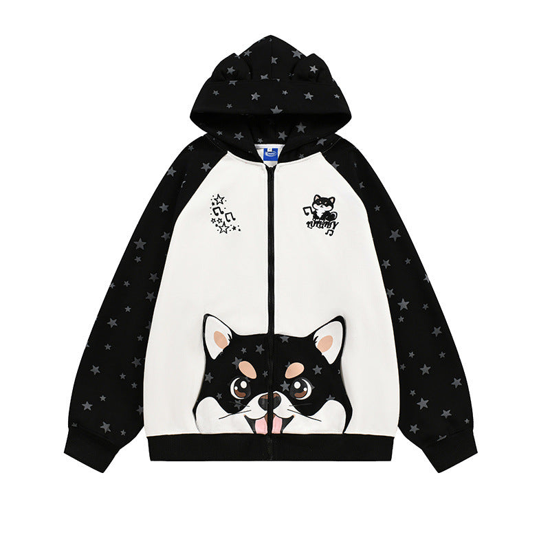 Full printed star cartoon pocket ear hooded cardigan sweatshirt
