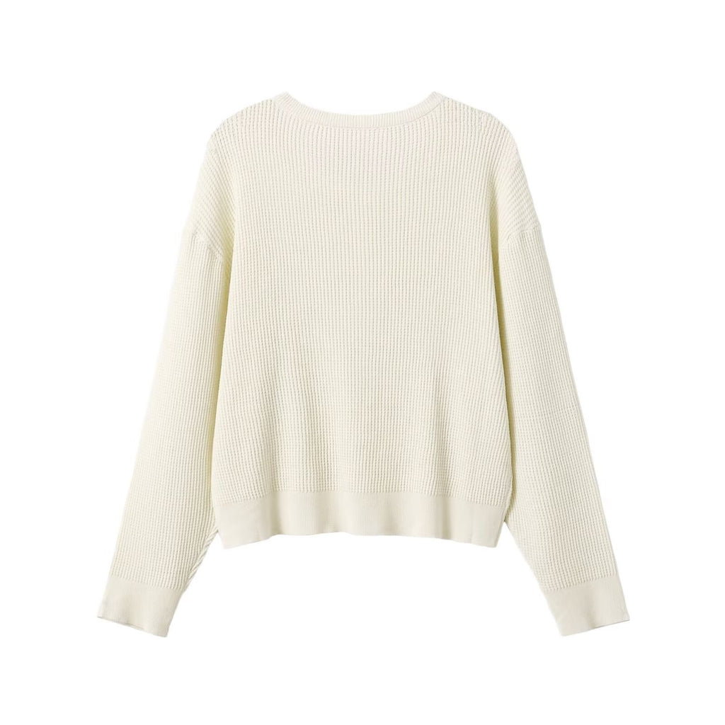 Button decoration long sleeved round neck knitted sweater for women