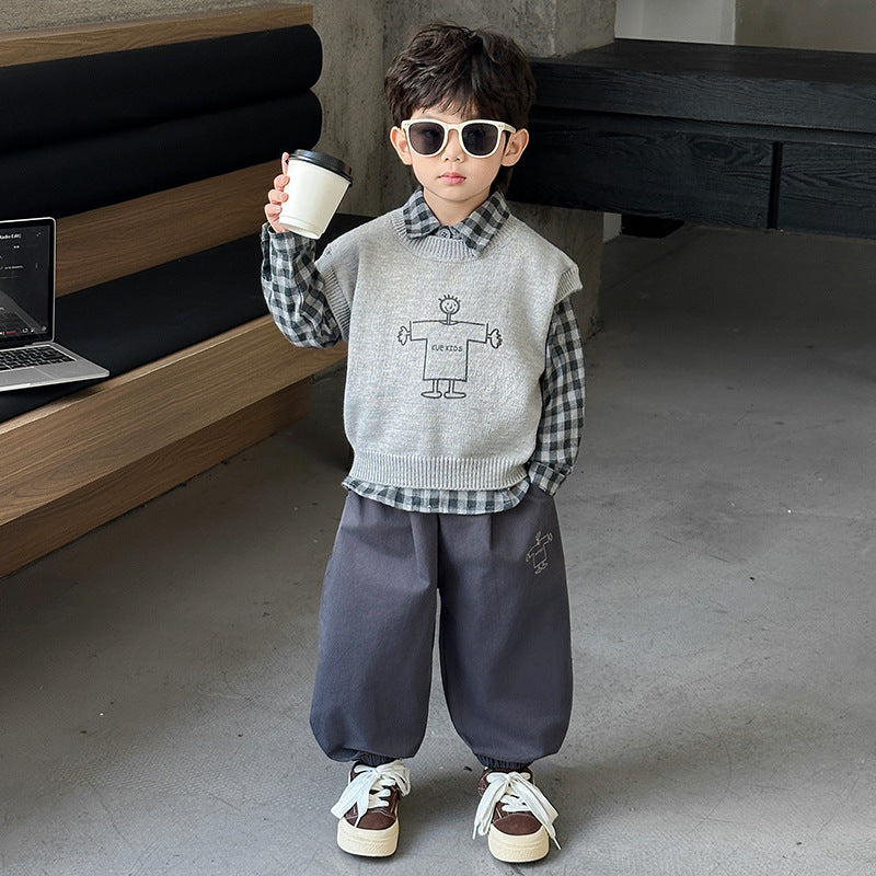 Boys Autumn Spring Sweater Vest and Shirt Three-Piece Set