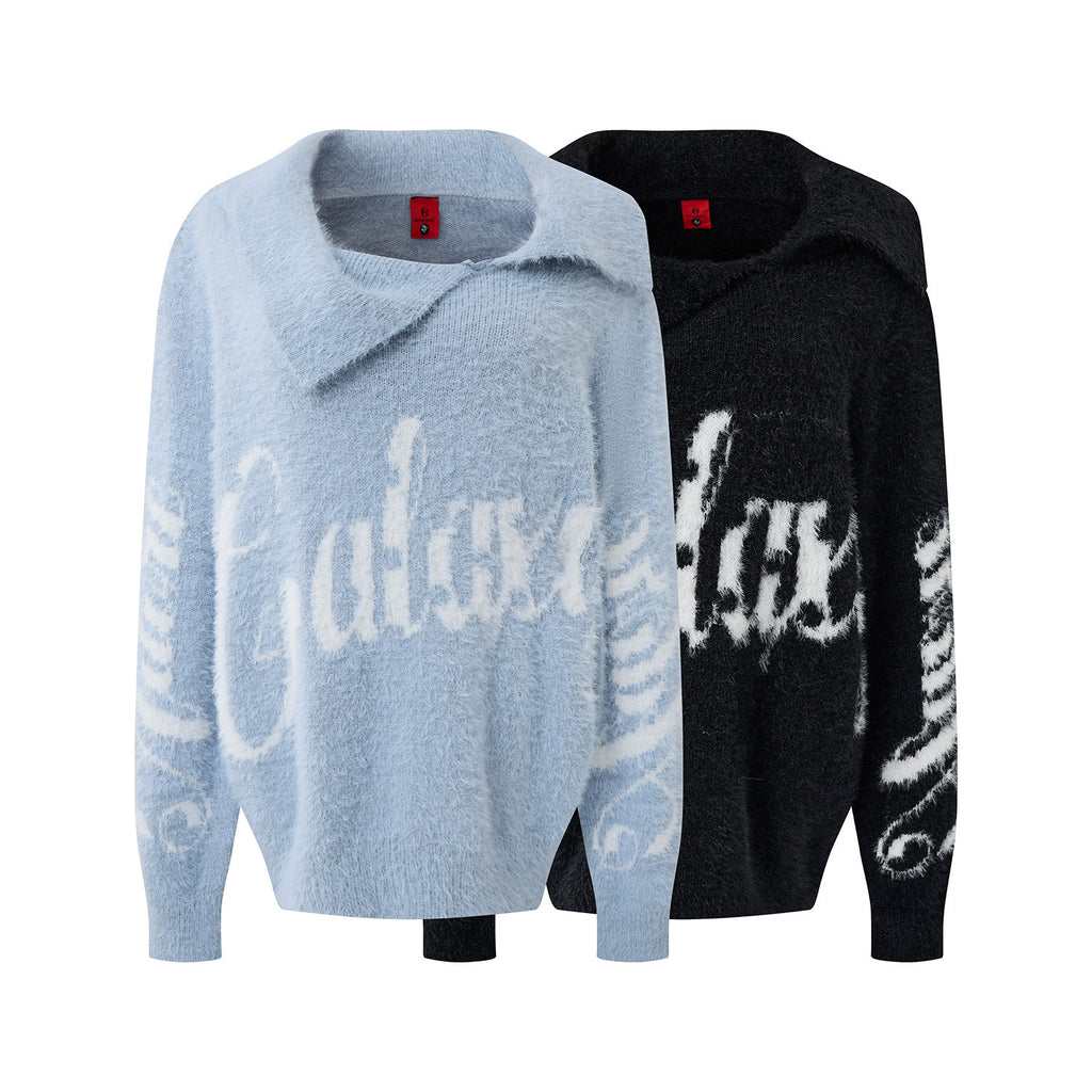 Women's Relaxed Style Letter Jacquard Pattern Asymmetrical Collar Knit Pullover Sweater