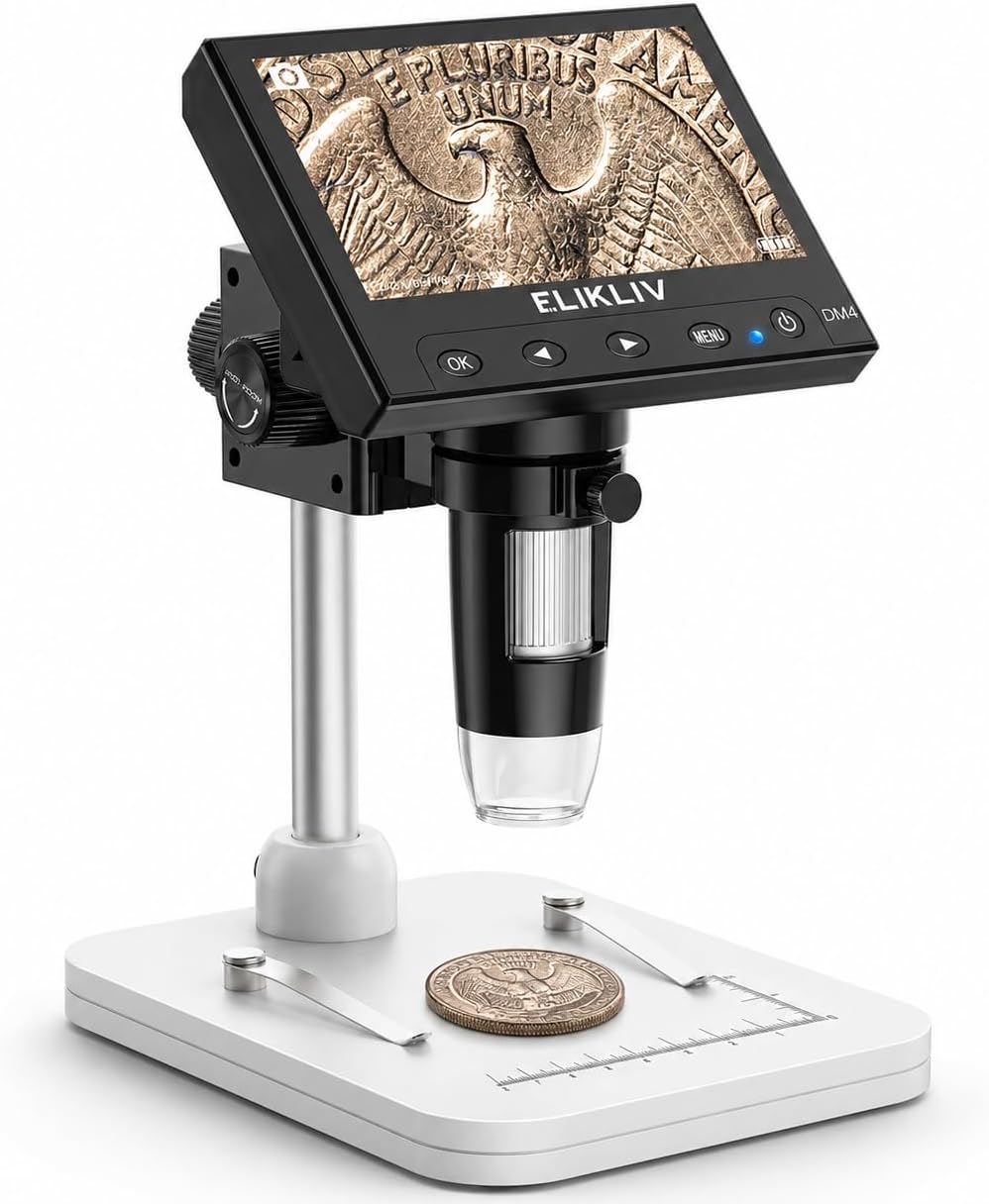 Elikliv Microscope, Digital Coin Microscope 1000x with Lights, EDM4, 4.3''