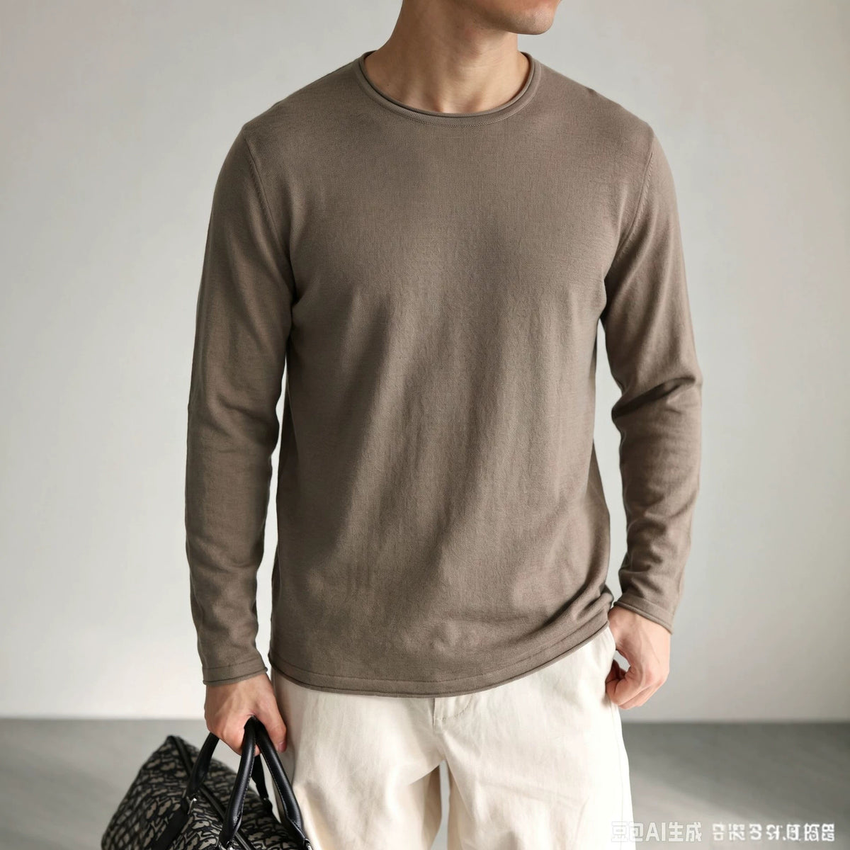 Round neck solid color long sleeved sweater for men