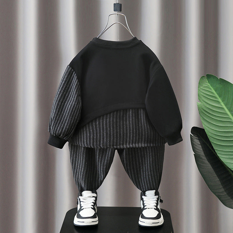 Boys Spring Autumn Patchwork Stripe Two-Piece Set