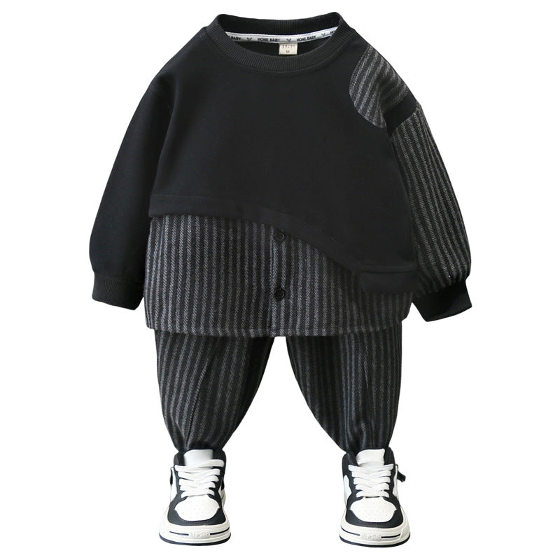 Boys Spring Autumn Patchwork Stripe Two-Piece Set