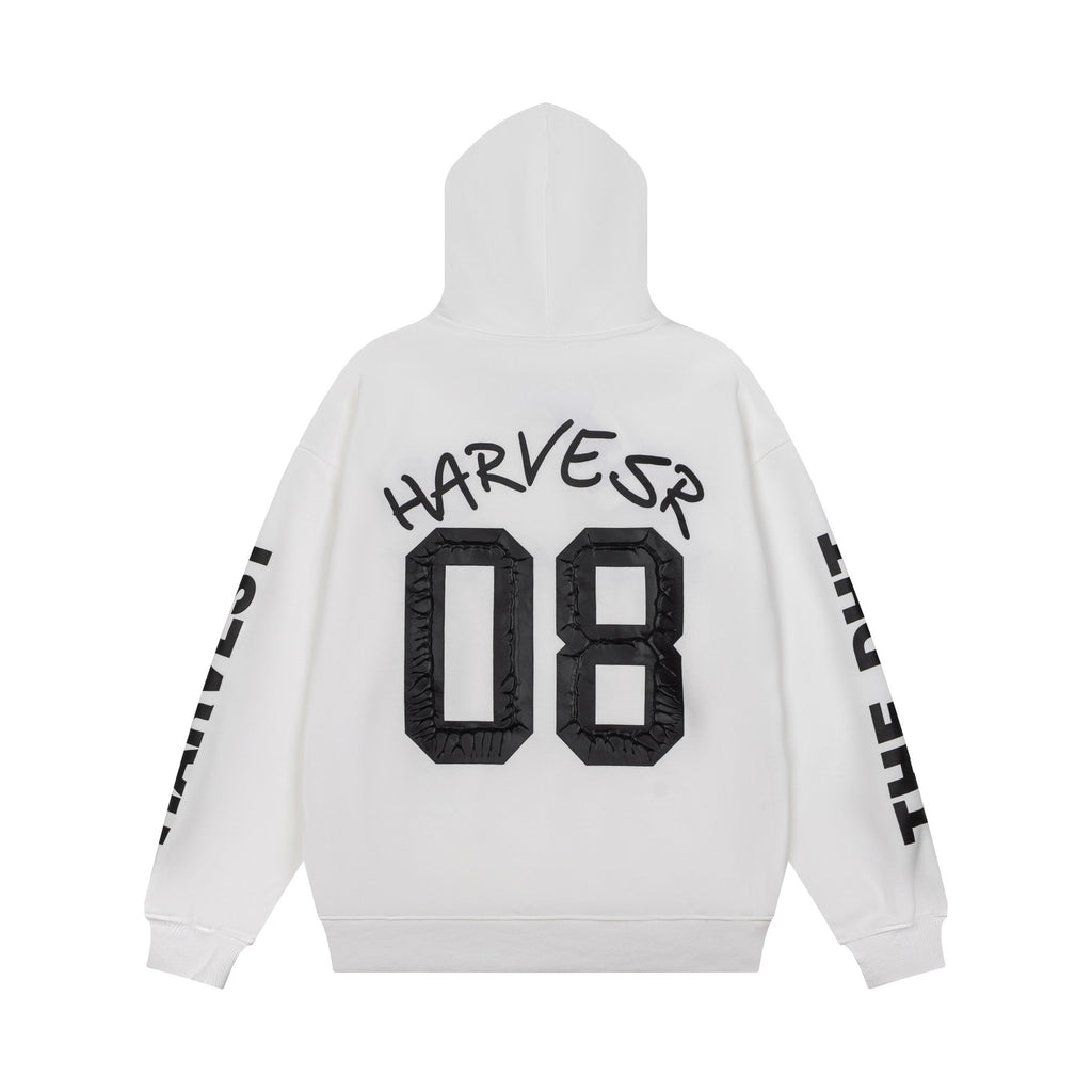Distressed Snow Wash Number Patch Applique Emblem Hooded Men's Oversized Pullover Sweatshirt