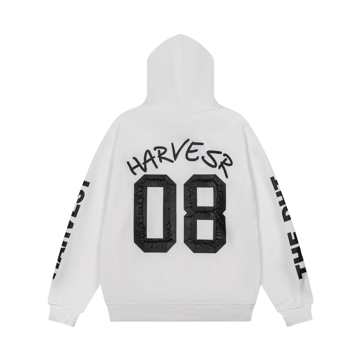 Distressed Snow Wash Number Patch Applique Emblem Hooded Men's Oversized Pullover Sweatshirt