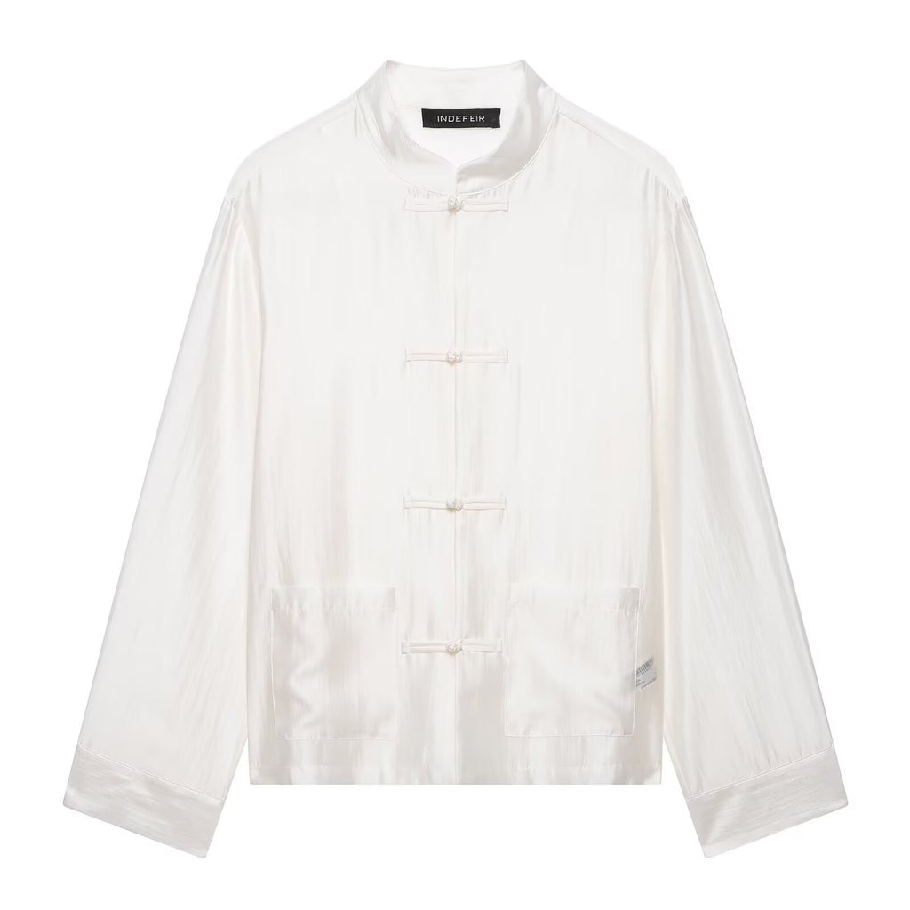 Casual and minimalist knot buckle stand up collar long sleeved shirt for women