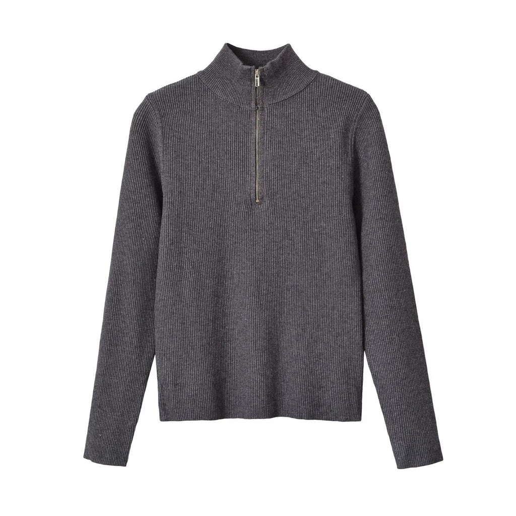 Zipper pullover stand up collar long sleeved knitted sweater for women