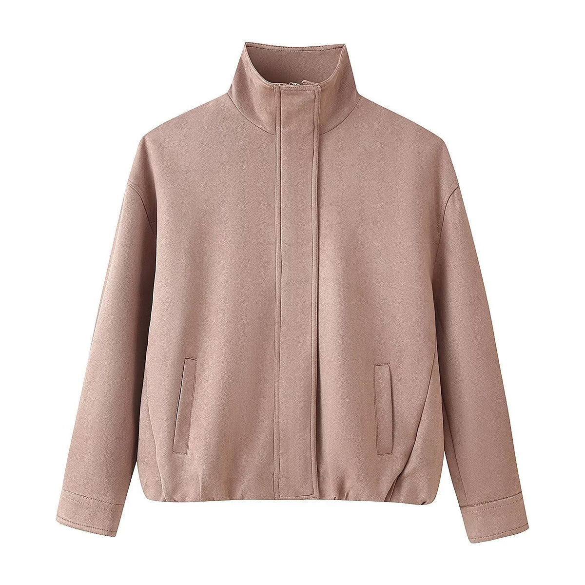 Loose suede texture zipper long sleeved stand up collar jacket