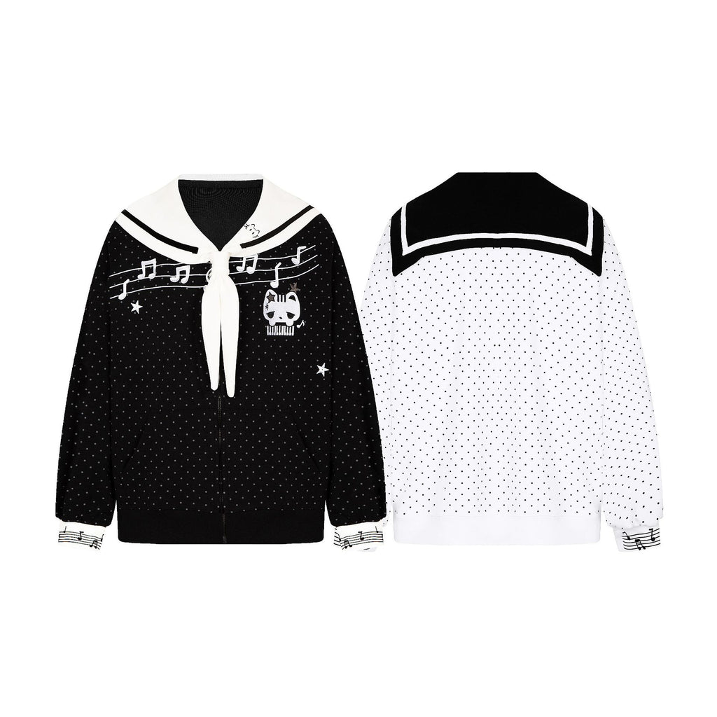 Polka Dot Zipper Sailor Collar Loose Fit Hoodie Jacket