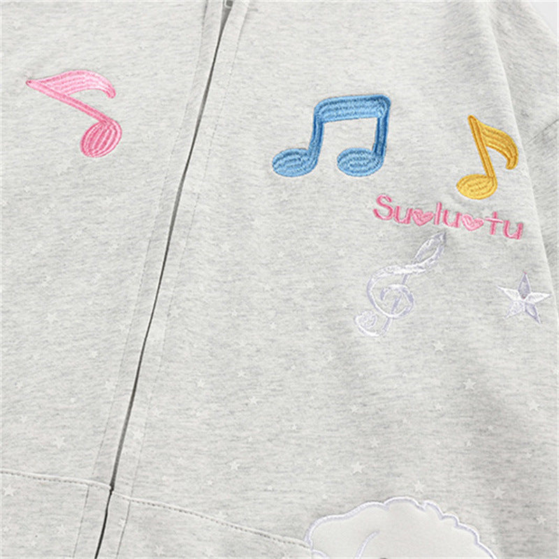 Patch bag hooded cardigan sweatshirt