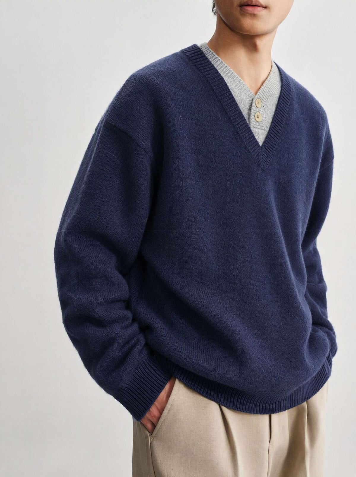 V-neck solid color pullover sweater