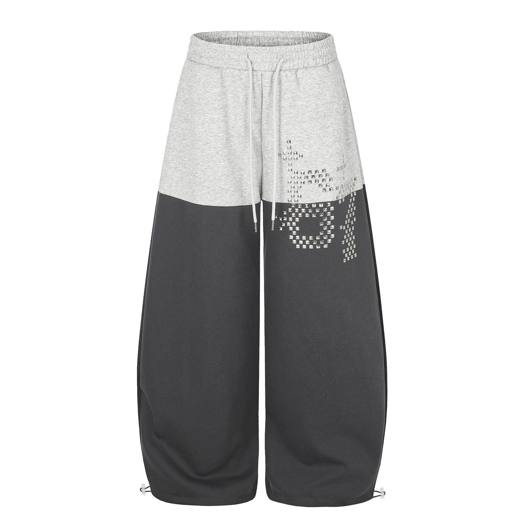 Color Block Rhinestone Drawstring Loose Wide Leg Sweatpants