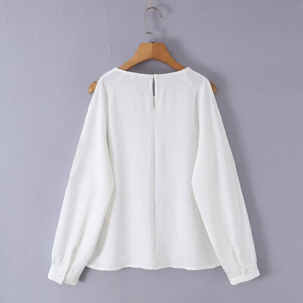 Hollow out shoulder long sleeved chiffon shirt for women