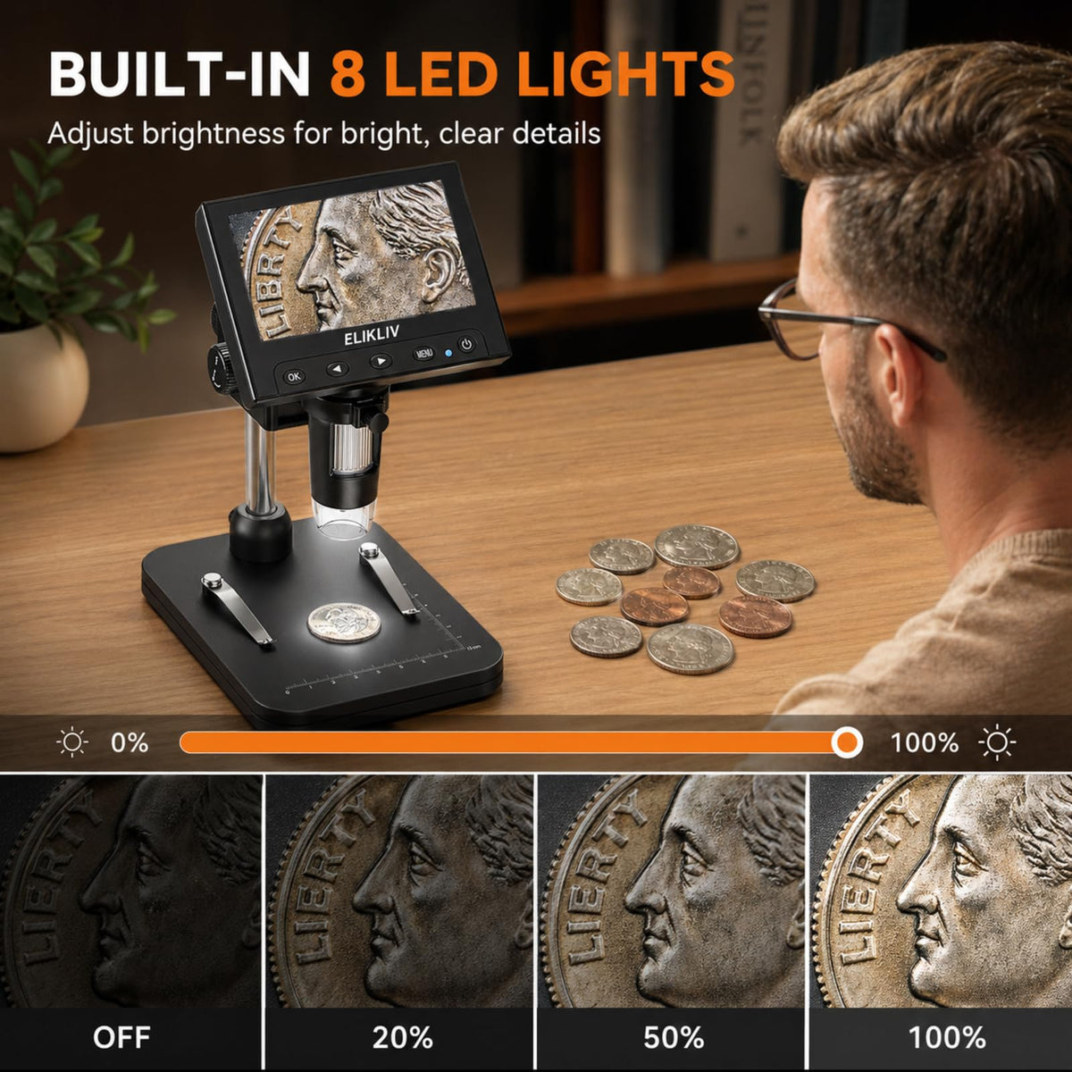 Elikliv Microscope, Digital Coin Microscope 1000x with Lights, EDM4, 4.3''