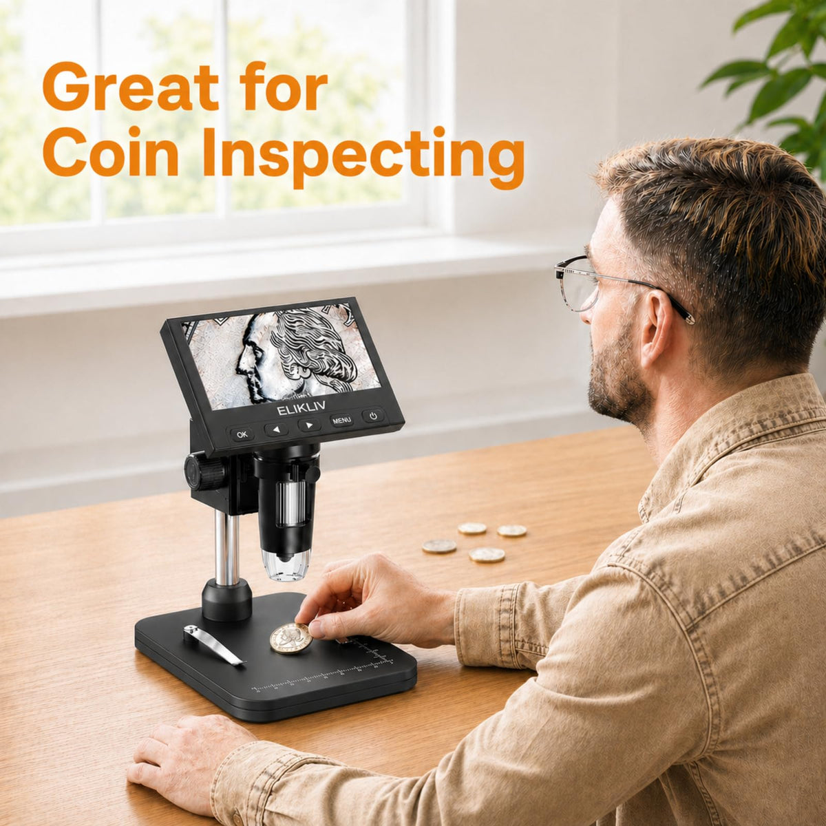Elikliv Microscope, Digital Coin Microscope 1000x with Lights, EDM4, 4.3''