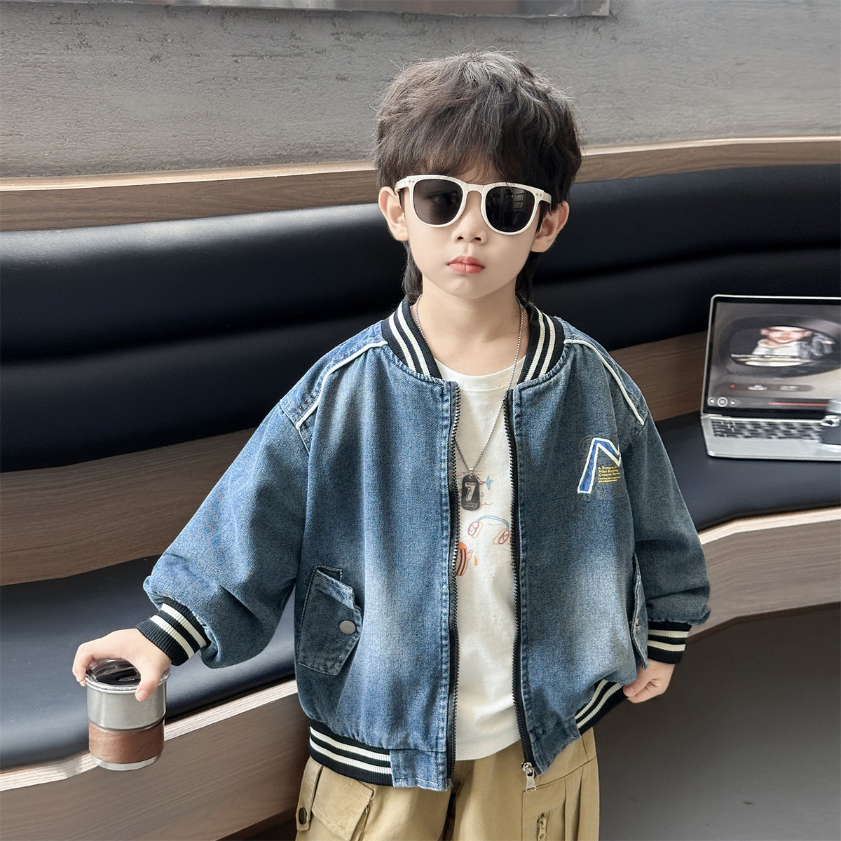 Casual Denim Button Front Lapel Regular Boys Baseball Jacket