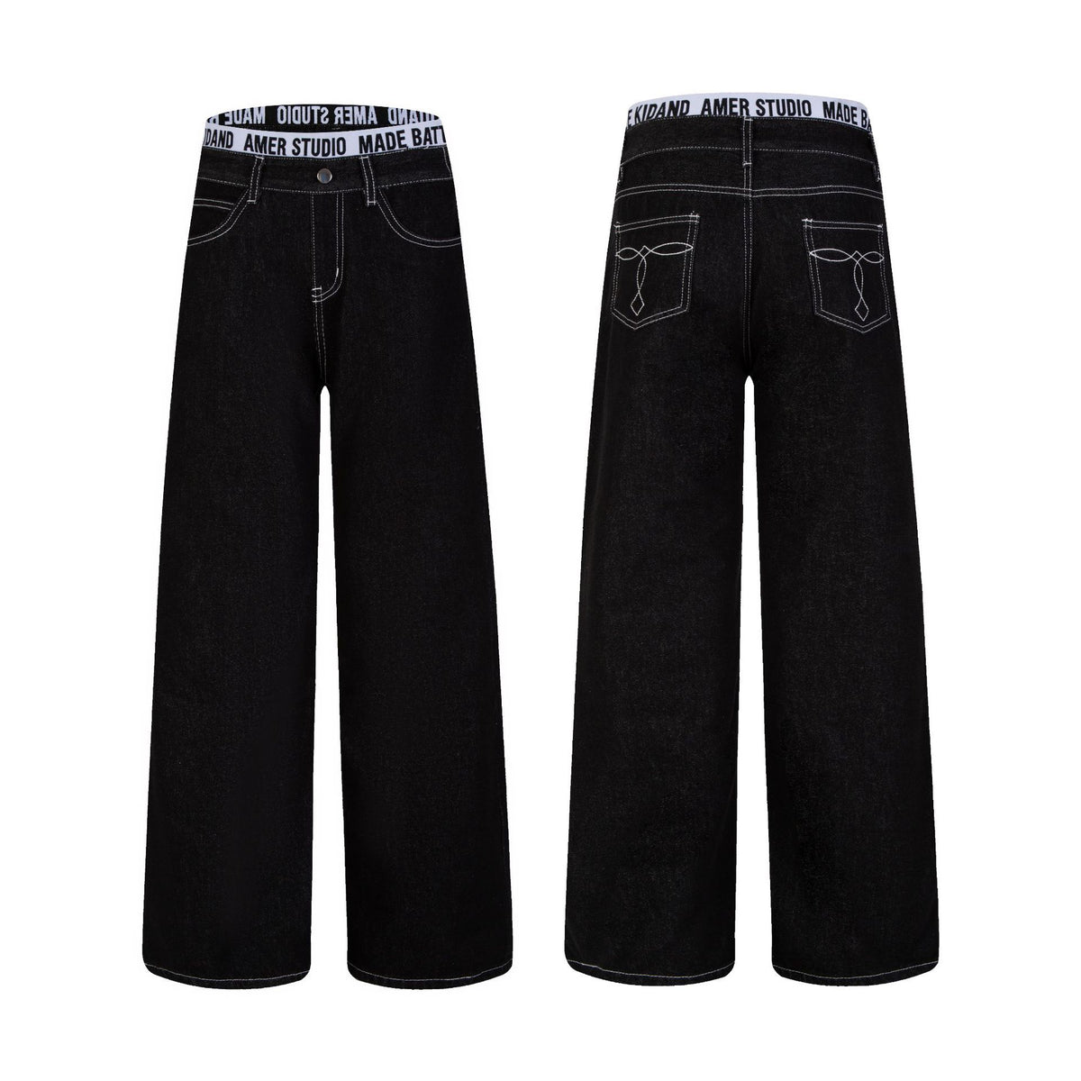 Contrast Stitching Wide Leg Jeans with Embroidered Letter Waistband and Pockets