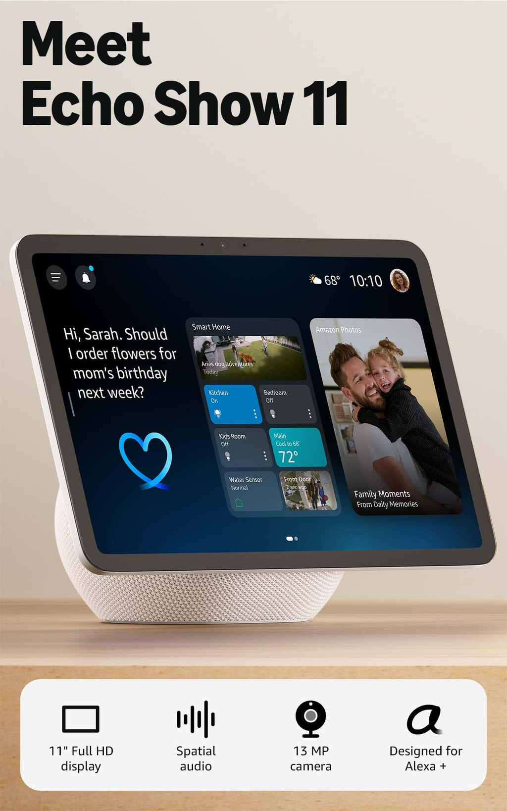 Amazon Echo Show 11 (newest model), Vibrant Full-HD 11" display with more viewing area and spatial audio, Designed for Alexa+, Graphite