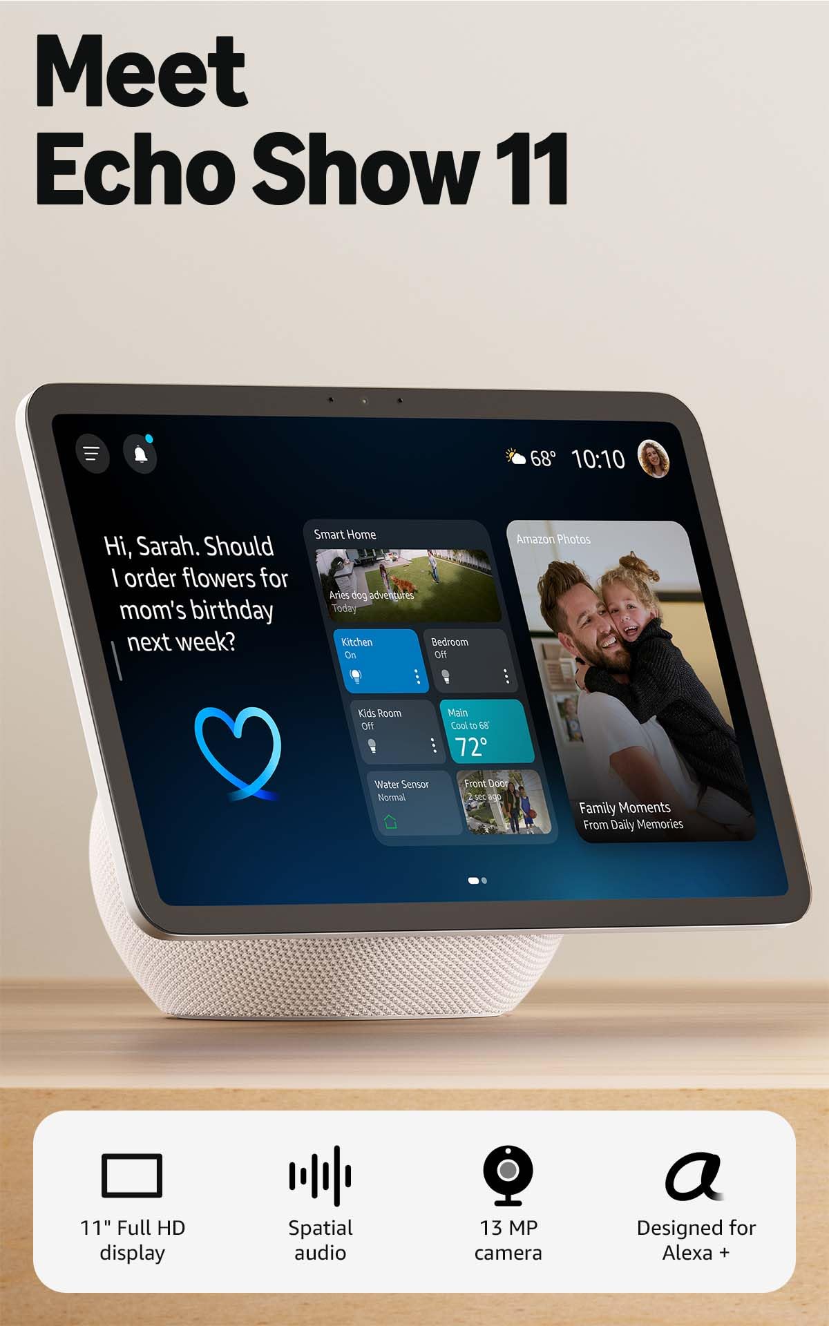 Amazon Echo Show 11 (newest model), Vibrant Full-HD 11" display with more viewing area and spatial audio, Designed for Alexa+, Graphite