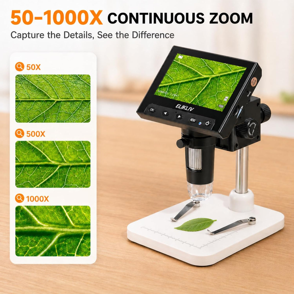 Elikliv Microscope, Digital Coin Microscope 1000x with Lights, EDM4, 4.3''