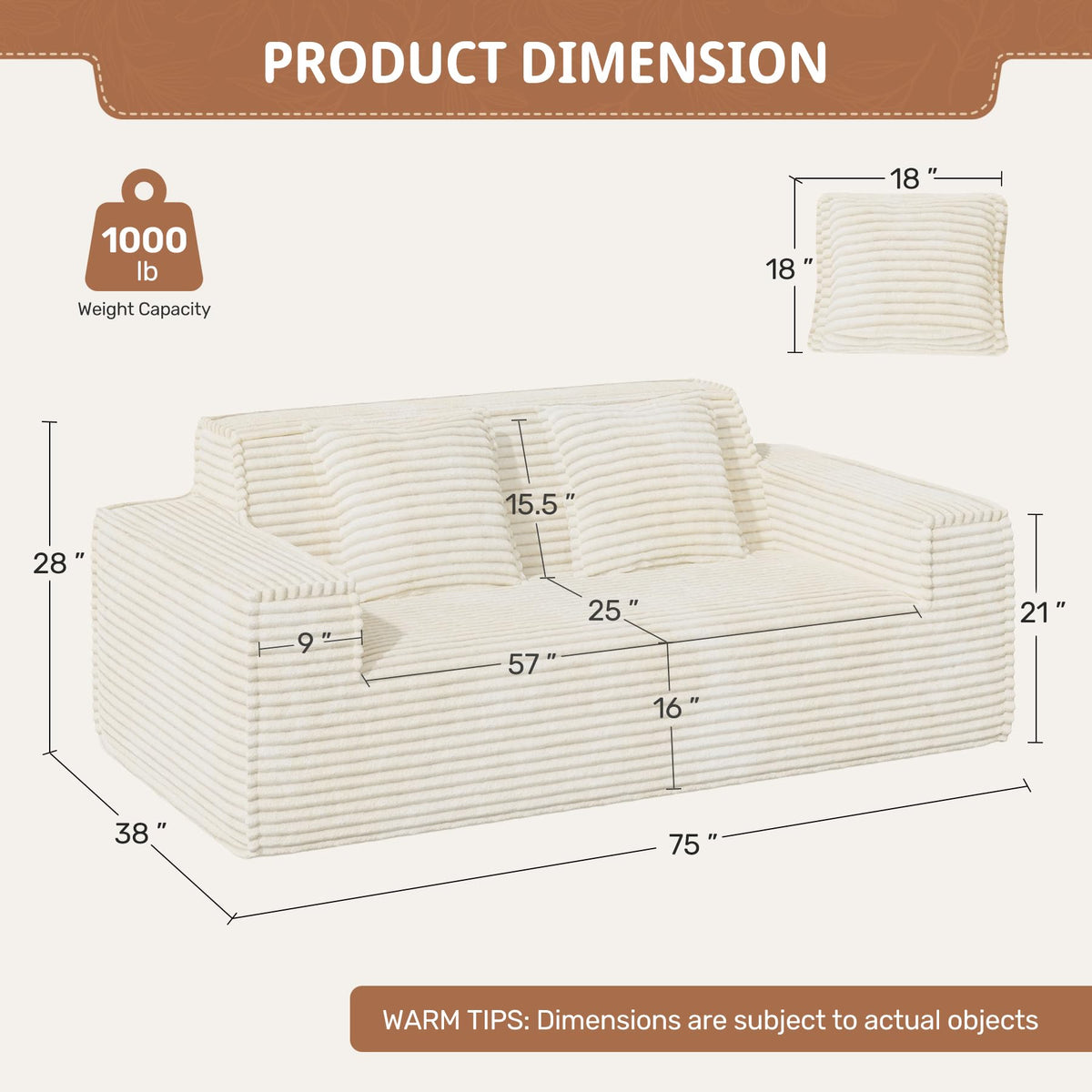 Luxanimarion 75'' Modern Loveseat Sofa, No Assembly Required Comfy Deep Seat Couches 1 pcs for Living Room, Bedroom, Apartment