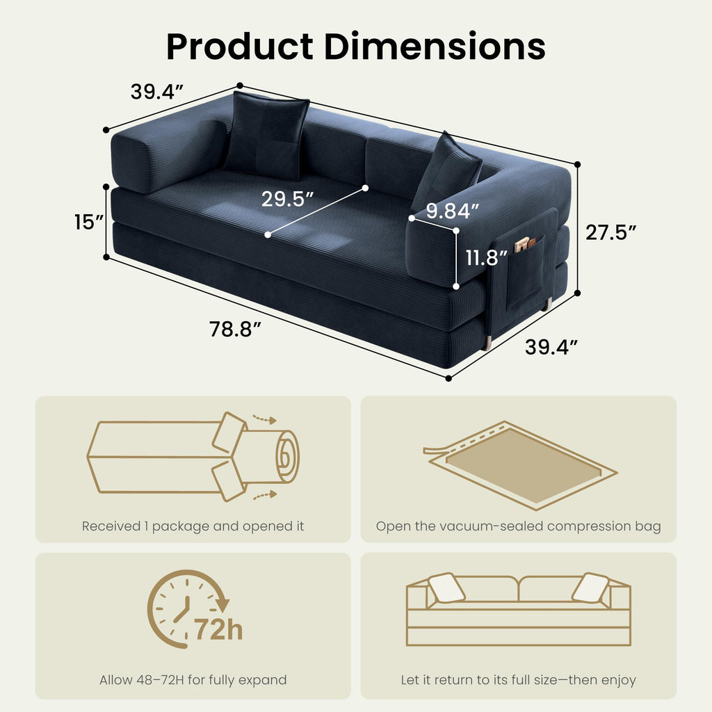 78.8" Convertible Futon Sofa Bed, Boneless Couch for Living Room