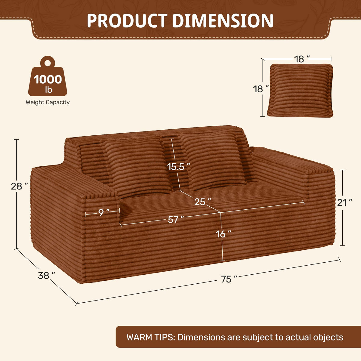 Luxanimarion 75'' Modern Loveseat Sofa, No Assembly Required Comfy Deep Seat Couches 1 pcs for Living Room, Bedroom, Apartment