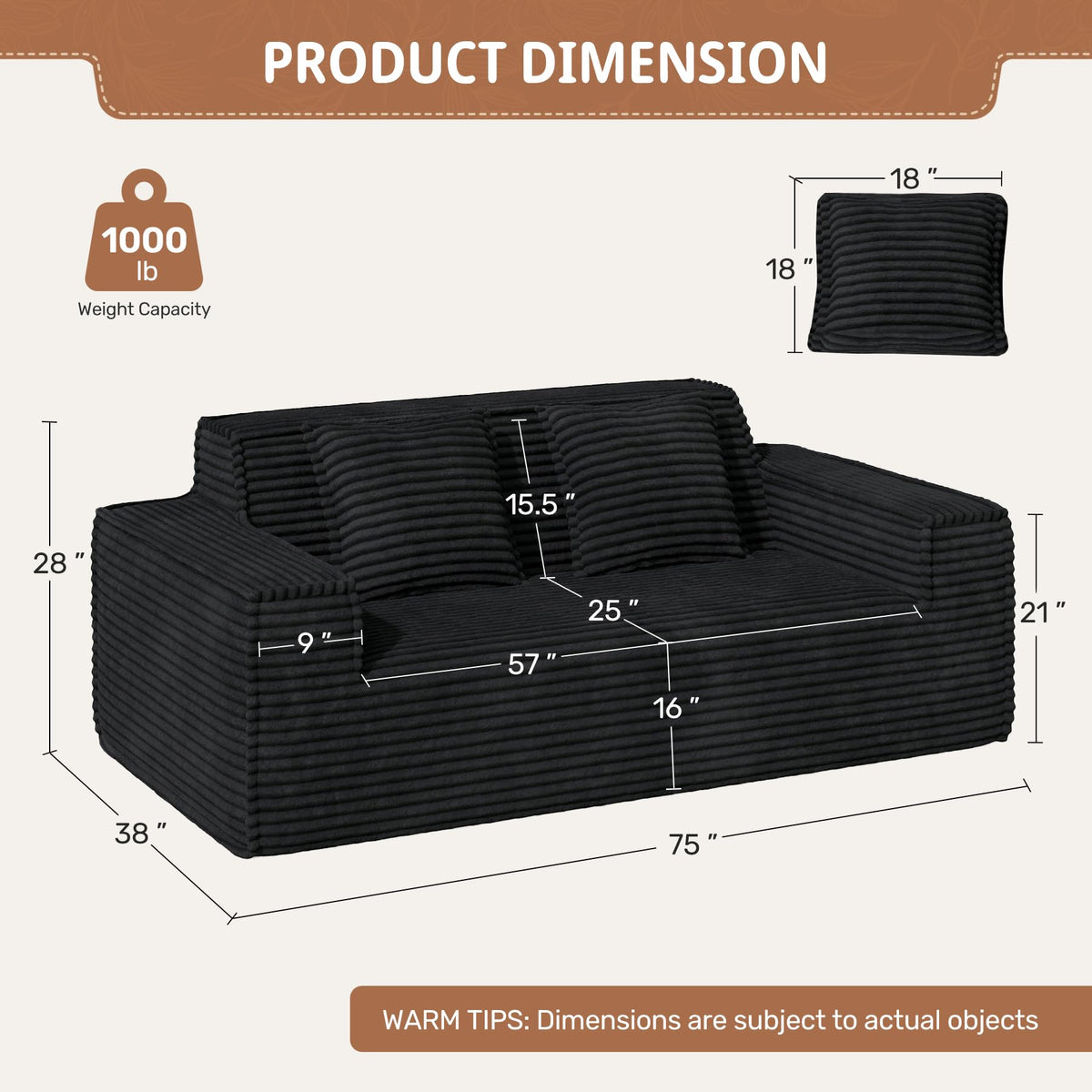 Luxanimarion 75'' Modern Loveseat Sofa, No Assembly Required Comfy Deep Seat Couches 1 pcs for Living Room, Bedroom, Apartment