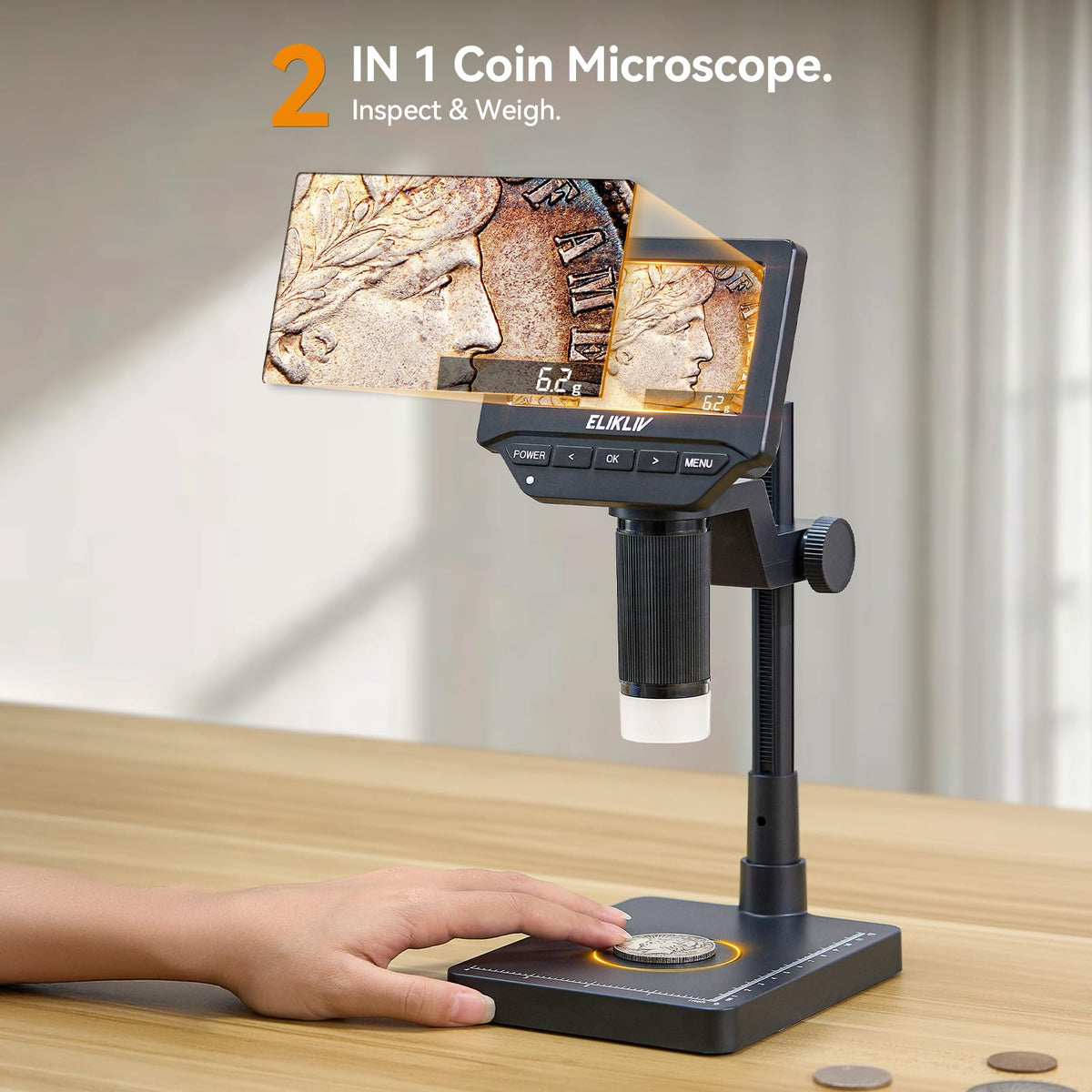 Elikliv Microscope, Digital Coin Microscope 1000x with Lights, EDM4, 4.3''