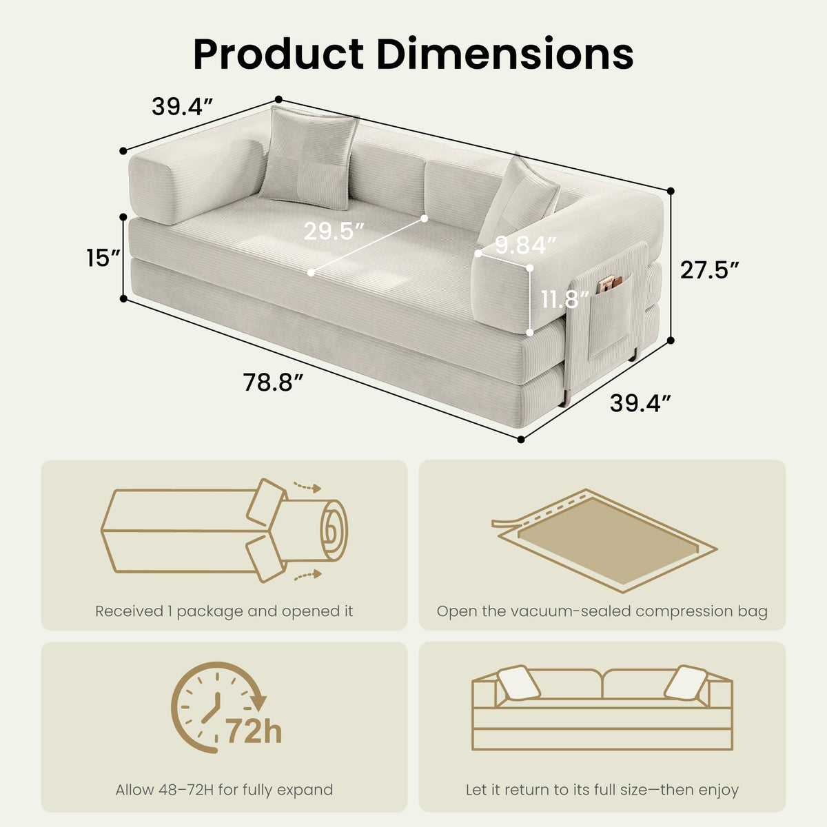 78.8" Convertible Futon Sofa Bed, Boneless Couch for Living Room