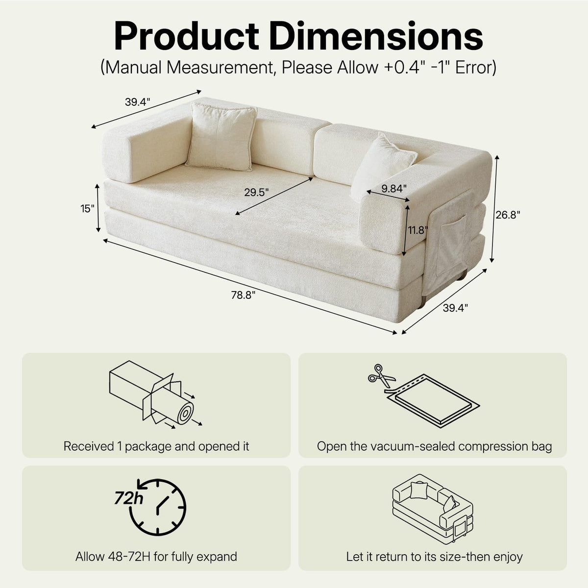 78.8" Convertible Futon Sofa Bed, Boneless Couch for Living Room