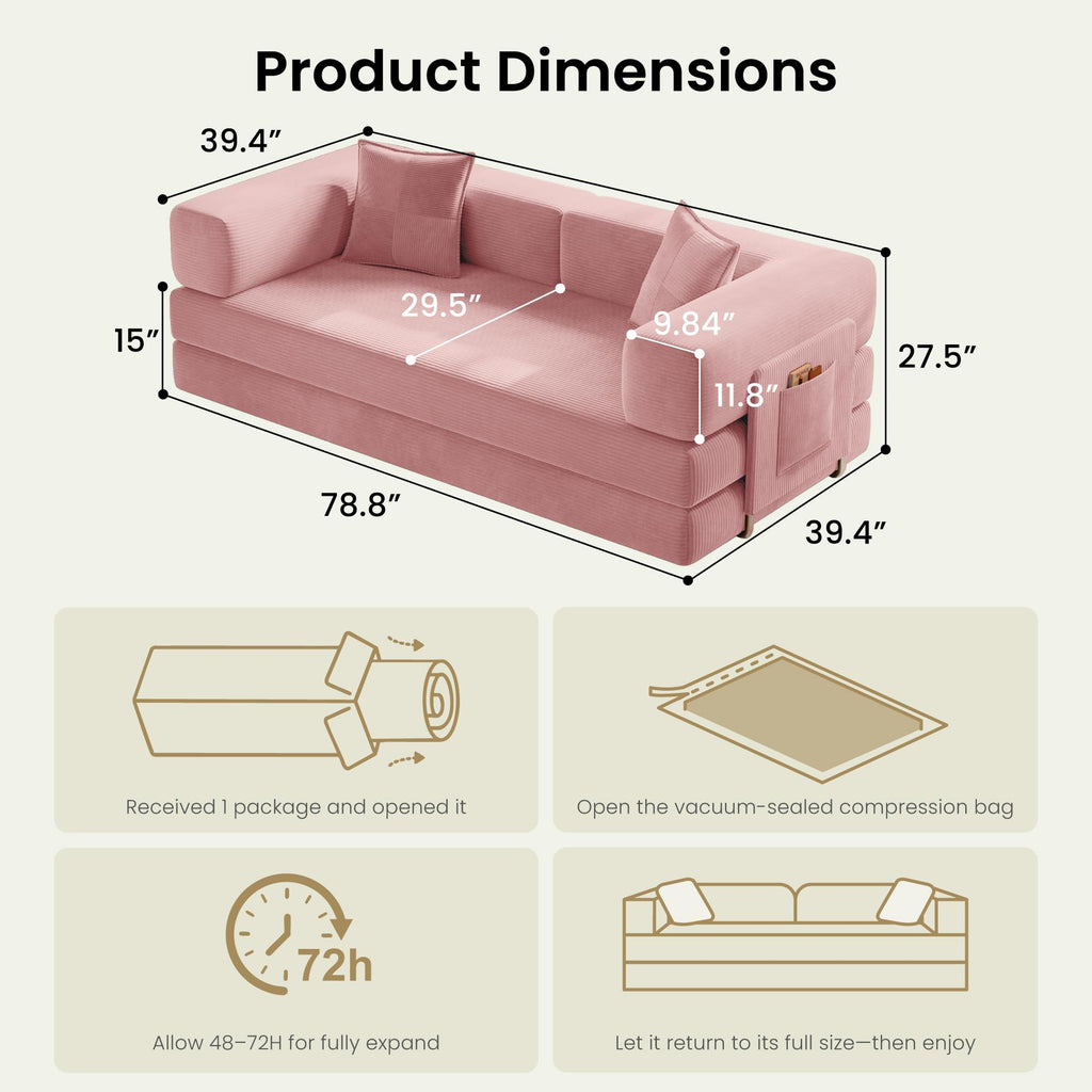 78.8" Convertible Futon Sofa Bed, Boneless Couch for Living Room
