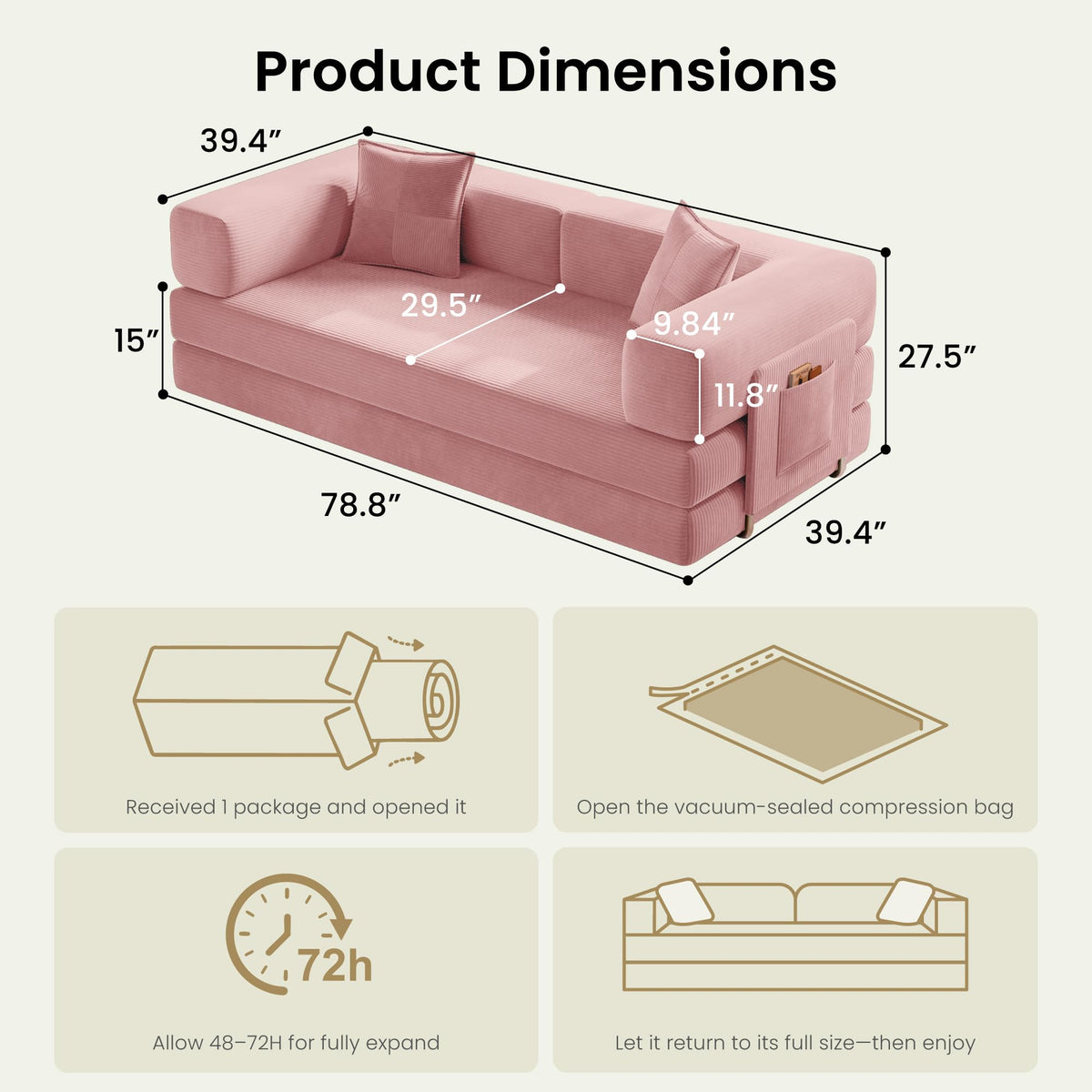 78.8" Convertible Futon Sofa Bed, Boneless Couch for Living Room