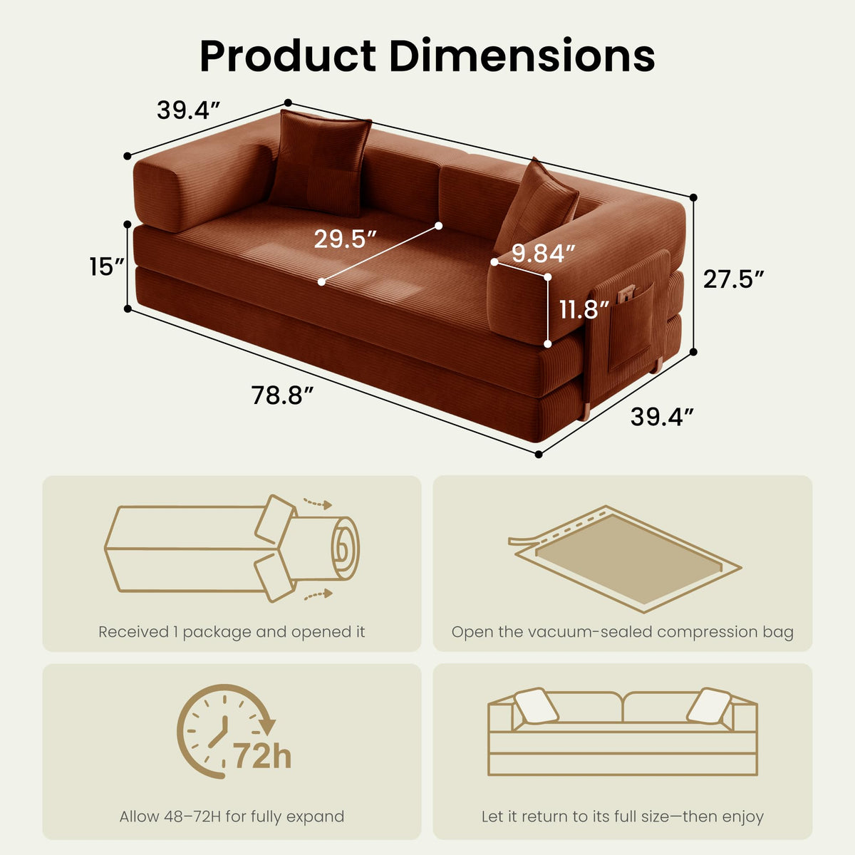 78.8" Convertible Futon Sofa Bed, Boneless Couch for Living Room