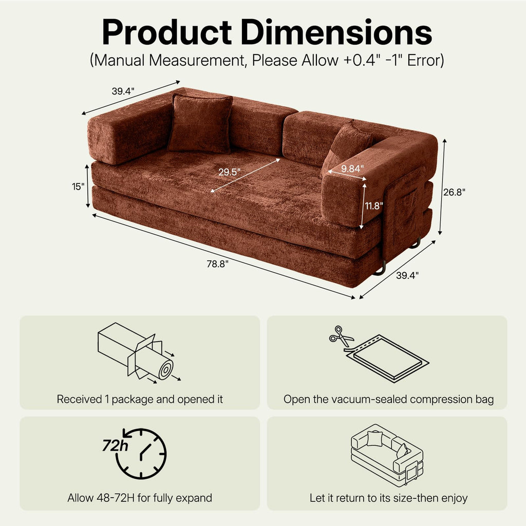 78.8" Convertible Futon Sofa Bed, Boneless Couch for Living Room