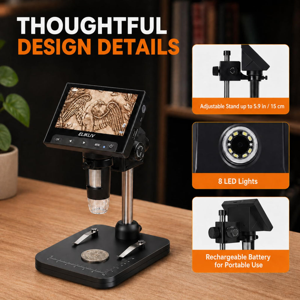 Elikliv Microscope, Digital Coin Microscope 1000x with Lights, EDM4, 4.3''