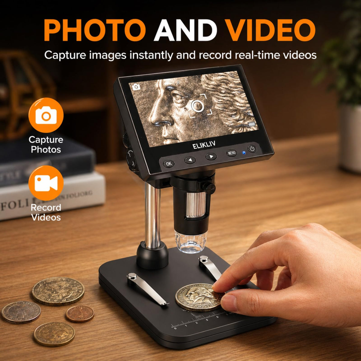 Elikliv Microscope, Digital Coin Microscope 1000x with Lights, EDM4, 4.3''