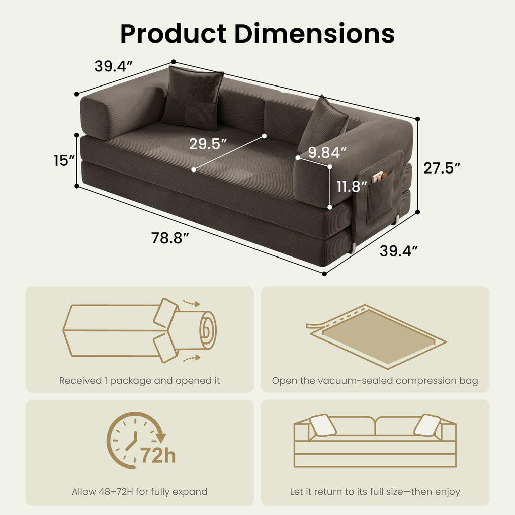 78.8" Convertible Futon Sofa Bed, Boneless Couch for Living Room