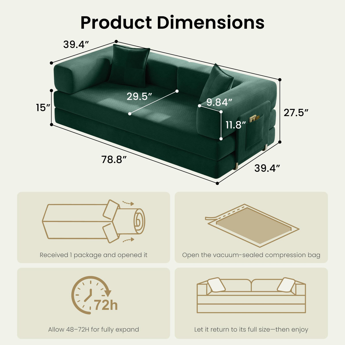 78.8" Convertible Futon Sofa Bed, Boneless Couch for Living Room