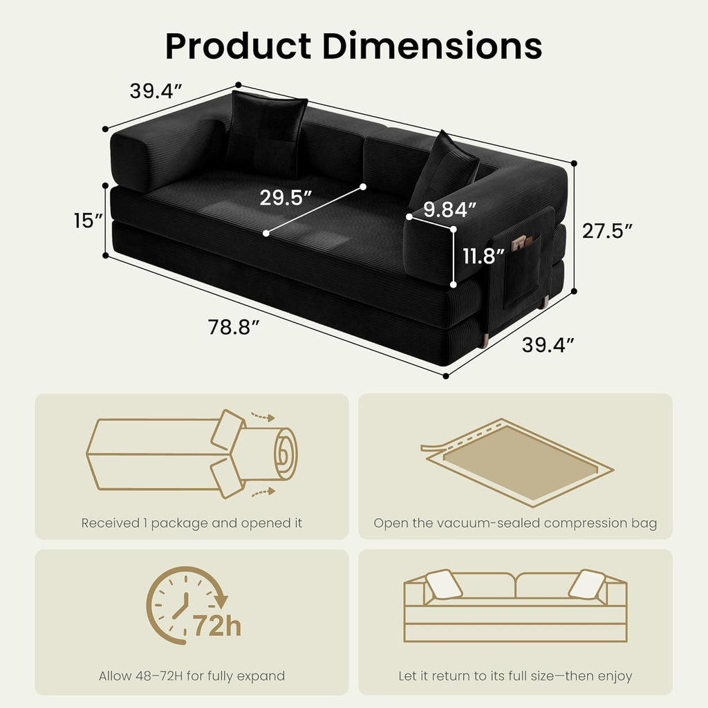 78.8" Convertible Futon Sofa Bed, Boneless Couch for Living Room